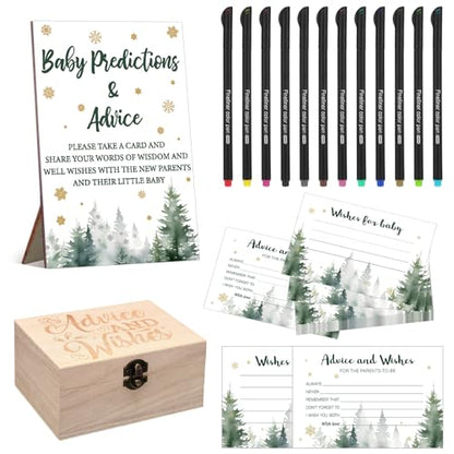 Thyle 134 Pcs Baby It's Cold Outside Shower Games Woodland Winter Baby Shower Games Prediction Advice Cards with 12 Color Pens Keepsake Box for Boys and Girls Winter Neutral Party(Green,Tree)
