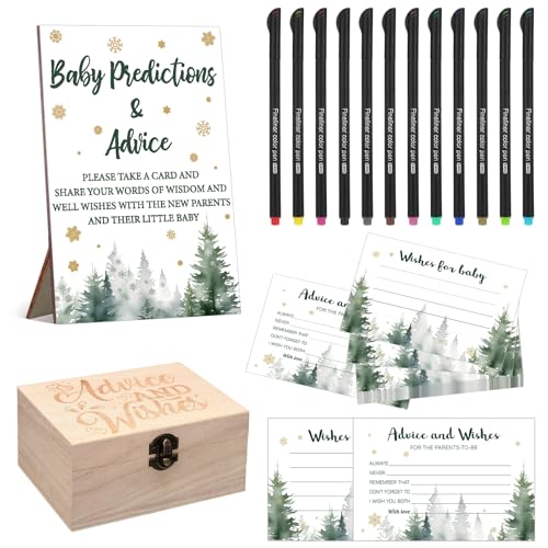 Thyle 134 Pcs Baby It's Cold Outside Shower Games Woodland Winter Baby Shower Games Prediction Advice Cards with 12 Color Pens Keepsake Box for Boys and Girls Winter Neutral Party(Green,Tree)