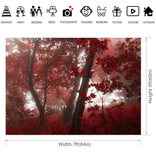 7x5ft Fall Maple Leaves Backdrop Autumn Scenery Misty Red Maple Forest Photography Background Natural Landscape Maple Trees Thanksgiving Party Kids Adults Travel Decor Banner Photo Props - size: 7x5ft