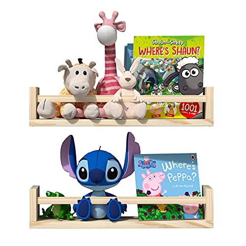 Classic Nursery Shelves, Set of 2 Natural Wood Floating Book Shelves for Kids Room, Wall Shelves for Bathroom Decor, Kitchen Spice Rack, Book Shelf Organizer for Baby Nursery Décor (16.5Lx4W) - color: Light Brown, size: 16.5Lx4W