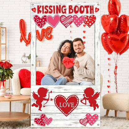 Valentine's Day Party Decorations Kissing Booth Theme Photo Booth Props Cupid Love Heart Banner Valentine Picture Frame for Couple Restaurant Wedding Backdrop Valentines Theme Party Favors Supplies