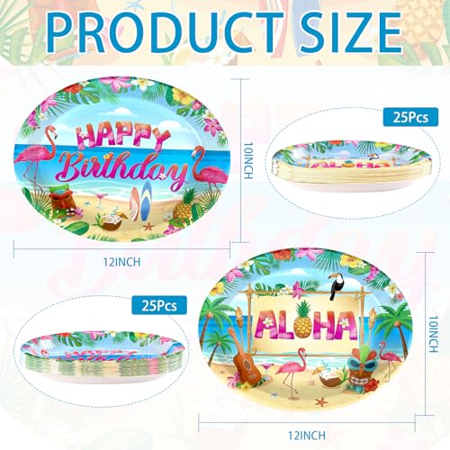 50Pcs Hawaiian Luau Oval Paper Plates 10" x 12" Large Disposable Heavy Duty Tropical Flamingo Party Platters Summer Aloha Dessert Plates for Holiday Beach Birthday Dinner Party Decorations Supplies - style: 50Pcs Beach Luau Oval Paper Plates