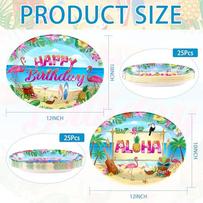 50Pcs Hawaiian Luau Oval Paper Plates 10" x 12" Large Disposable Heavy Duty Tropical Flamingo Party Platters Summer Aloha Dessert Plates for Holiday Beach Birthday Dinner Party Decorations Supplies - style: 50Pcs Beach Luau Oval Paper Plates