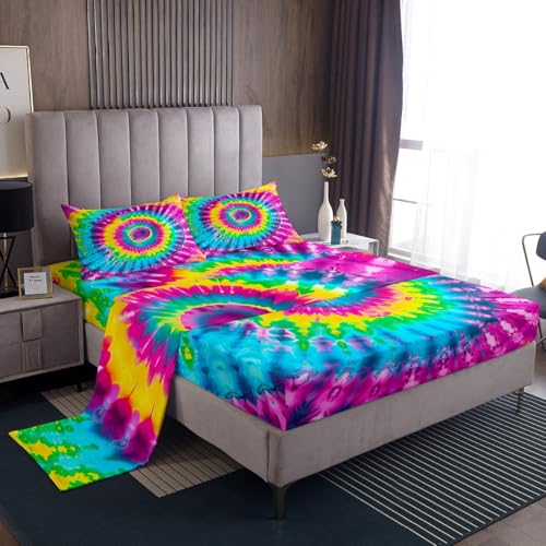 Queen Size 4-Piece Colorful Rainbow Tie Dye Sheet Set - Spiral Tie Dye Fitted Sheet, Deep Pocket, 2 Pillow Cases - color: Multi 05, size: Queen