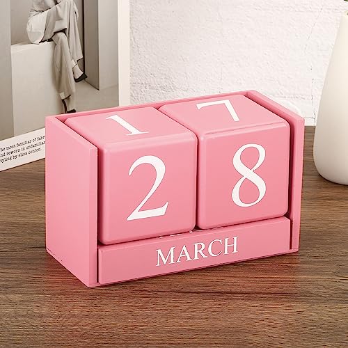 PATIKIL Vintage Wood Block Perpetual Calendar, Reusable Wooden Month Date Display Blocks for Desk Office Home Decoration Style 1, White Blue