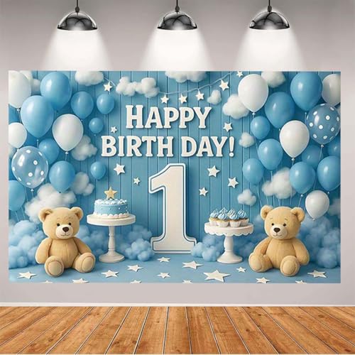 1st Happy Birthday Backdrop Blue Balloons Clouds Large Number 1 Text Design Newborn Boy Girl Birthday Party Decoration One Year Old Kids Cake Smash Decoration Studio Photo Props (B, 9X6FT) - color: B, size: 9X6FT