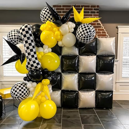 Black White Square Foil Balloon Wall,25Pcs Double Sided Checkered Balloons Backdrop Helium Balloon Tunnel Arch Garland Kit for Birthday Bridal Anniversary Baby Shower Party Decorations - style: Black White
