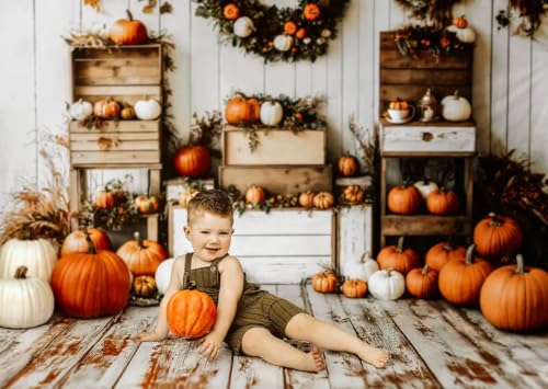 Kate Fall Pumpkins Wreath White Wood Box Backdrop Photo Background Studio Props,7x5ft