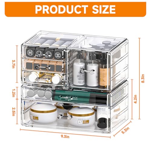 Cq acrylic 2 Pack Clear Desk Organizer With Drawers,Stackable 6 Drawers Skincare Organizer,Cute Skin Care Organizers for Vanity Hair Clip,Jewelry,Beauty Product Desk and Makeup Organizers Countertop - size: Large 6 Drawers