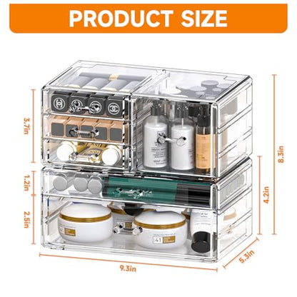 Cq acrylic 2 Pack Clear Desk Organizer With Drawers,Stackable 6 Drawers Skincare Organizer,Cute Skin Care Organizers for Vanity Hair Clip,Jewelry,Beauty Product Desk and Makeup Organizers Countertop - size: Large 6 Drawers