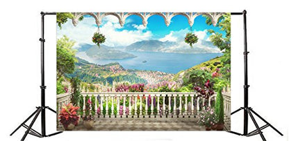 AOFOTO 5x3ft Garden Terrace Backdrop Beautiful Gallery Scenery Photography Background Kid Girl Artistic Portrait Seascape Romantic Retro Photo Shoot Studio Props Video Drop Vinyl Decor Wallpaper Drape - size: 5x3ft