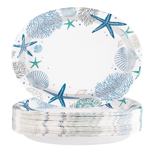 50Pcs Coastal Beach Oval Paper Plates 10" x 12" Large Heavy Duty Disposable Blue Ocean Coral Starfish Seashell Dinner Plates Summer Beach Paper Platters for Under the Sea Wedding Birthday Supplies - style: 50Pcs Coastal Oval Paper Plates