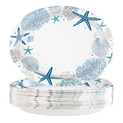 50Pcs Coastal Beach Oval Paper Plates 10" x 12" Large Heavy Duty Disposable Blue Ocean Coral Starfish Seashell Dinner Plates Summer Beach Paper Platters for Under the Sea Wedding Birthday Supplies - style: 50Pcs Coastal Oval Paper Plates