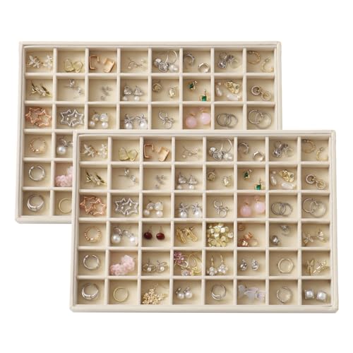 Large Velvet Jewelry Tray 2 Pack Stackable Jewelry Display Drawer Inserts Trays Organizer for Earring Bracelet Necklace Ring (Beige, 48 Grids) - color: Beige, size: 48 Grids