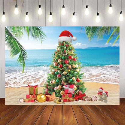 Summer Christmas Tree Backdrop Tropical Beach Xmas in July Photography Background Palm Leaves Blue Sky Ocean Christmas Family Holiday Party Photo Backdrop (10x8FT(120x96 inch)) - size: 10x8FT(120x96 inch)