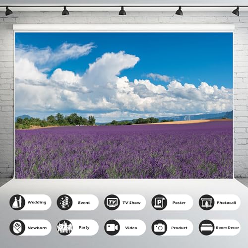 Lavender Fields Backdrop Provence Mountain Valley Lavender Field Photography Background Summer Alps Cloudy Blue Sky Nature Landscape Backdrop France Travel Hiking Party Background Props 5x3ft - color: Purple, size: 5x3ft