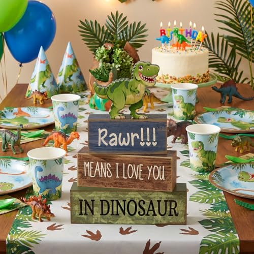 Lineshading 4 Pcs Dinosaur Table Decorations Wooden Dinosaur Decor Dino Safari Party Centerpieces for Table Jungle Animal Theme Baby Shower Tabletop Stand for Boys Girls Birthday Party Decorations - style: Dinosaur