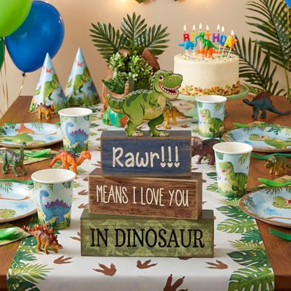 Lineshading 4 Pcs Dinosaur Table Decorations Wooden Dinosaur Decor Dino Safari Party Centerpieces for Table Jungle Animal Theme Baby Shower Tabletop Stand for Boys Girls Birthday Party Decorations - style: Dinosaur