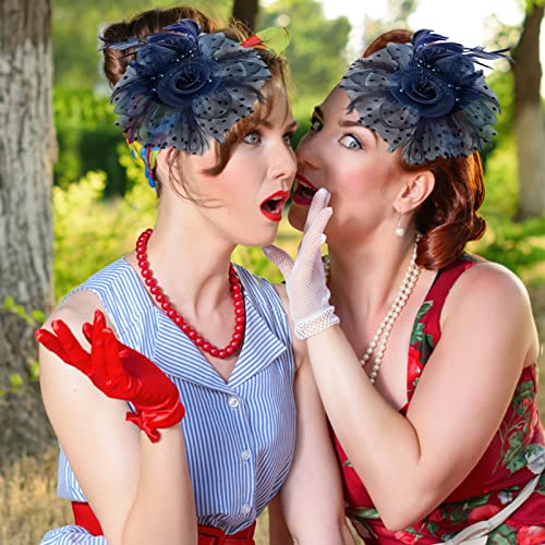 Fascinators Hats with Gloves Set for Women 20s 50s Cocktail Tea Party Wedding Costume Headwear - color: C-navy