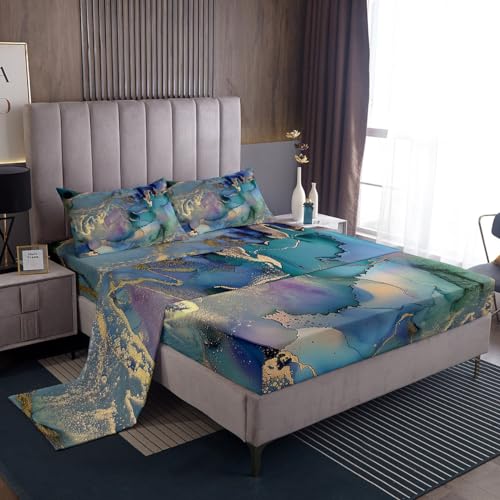Erosebridal Golden Marble Grain Sheet Set Twin,Gradient Marble Texture Bed Sheets Marble Pattern Printed Abstract Fitted Sheet Ink Fluid Art Top Sheet Pastel Purple Teal Green Marble Decor - color: Multi 13, size: Twin