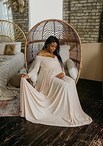 Saslax Maternity Off Shoulders Half Circle Gown for Baby Shower Photo Props Dress - color: Champagne, size: Medium