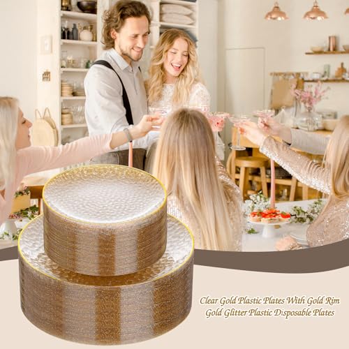 Rubtlamp 60Pcs Clear Gold Plastic Plates, Gold Glitter Disposable Plates, Hammered Plastic Plates Included 30 Dinner Plate And 30 Dessert Plates for Party - color: Gold Glitter