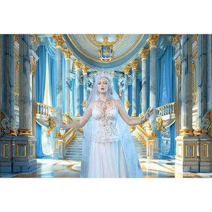 Renaiss Fabric Blue Palace Backdrop Luxury Golden Hall Castle Interior Staircase Masquerade Party Scene Wedding Bridal Shower Background Photo Booth Studio Props 5x4ft - color: XH002, size: 5Wx4H FT