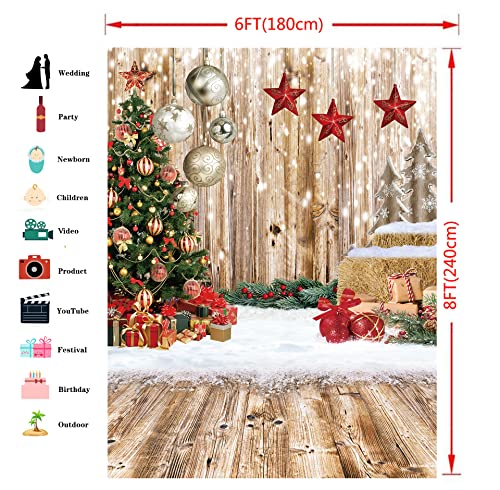 6x8Ft Christmas Backdrops for Photography Winter Snow Backdrop Rustic Wood Floor Backdrop Xmas Tree Gift Christmas Family Party Background - size: 6x8ft