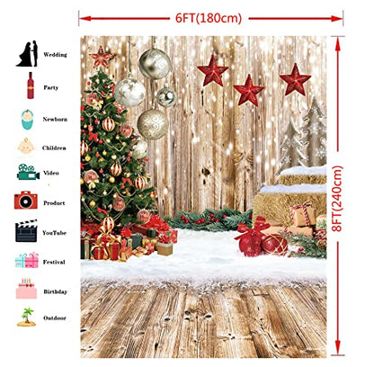 6x8Ft Christmas Backdrops for Photography Winter Snow Backdrop Rustic Wood Floor Backdrop Xmas Tree Gift Christmas Family Party Background - size: 6x8ft