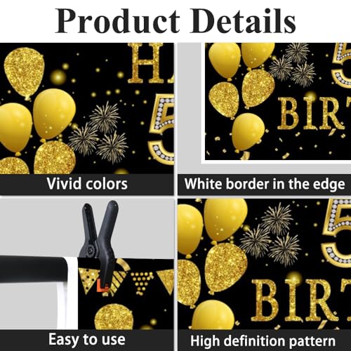 5x3ft Happy 50th Birthday Party Photography Backdrop, Glitter Black and Gold Balloons Background for Woman Man Fabulous 50 Bday Shining Diamond Fifty Years Old Birthday Party Supplies - color: 50th, size: 5x3ft