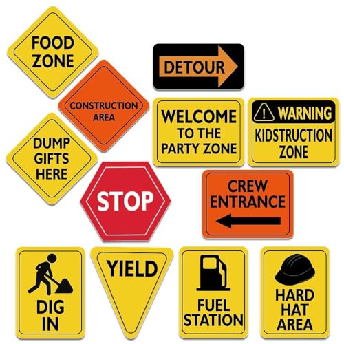 WERNNSAI Construction Party Decorations - 12 PCS Construction Birthday Party Supplies for Boys Kids Truck Birthday Cutouts Traffic Road Signs for Under Construction Party Baby Shower Wall Decor - style: Construction