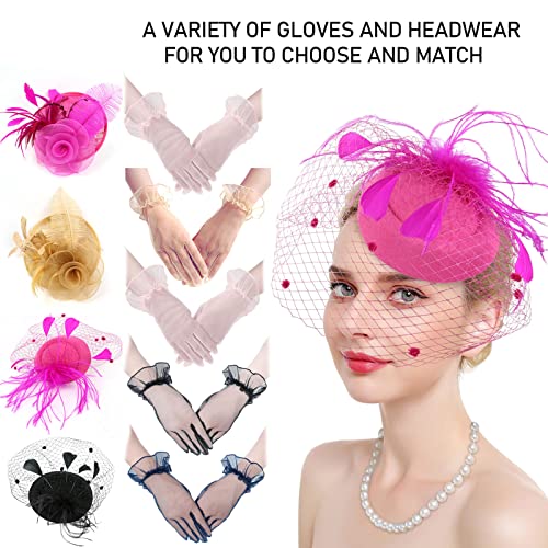 Fascinators Hats with Gloves Set for Women 20s 50s Cocktail Tea Party Wedding Costume Headwear - color: E-hot Pink