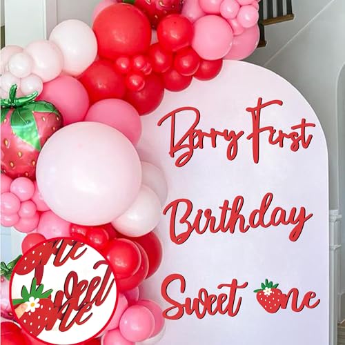Wooden Berry First Birthday Signs for Backdrop Strawberry 1st Birthday Decoration Stickers for Balloon Arch Sweet One Party Decor Sweet Baby Girls Vinyl Decal First Birthdays Sign Photo Props Supplies - color: Red Strawberry Wood Berry First