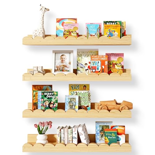 Nursery Floating Shelves for Kids Room, 4 Pack 15.7 Inch Natural Wood Wall Shelves with Scalloped Edge, Kids Bookshelves for Toddler Bedroom, Playroom, Baby Nursery Decor - color: Wood, size: 4pc-15.7in