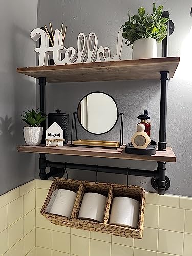 ROGMARS Industrial Pipe Shelf Floating Shelves Bathroom Pipe Shelving Farmhouse Bathroom Shelves with Towel Bar Towel Rack Over Toilet Industrial Shelf Rustic Wall Wood Shelves 19.7 Inch - color: Rustic Brown, size: 20 Inch 2 Tier