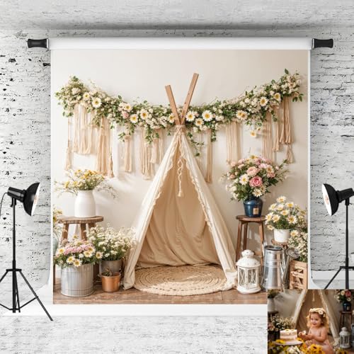 Kate Mother's Day Boho Backdrop Birthday Cake Smash Colorful Flower White Tent Photo Background Studio Props,8x8ft