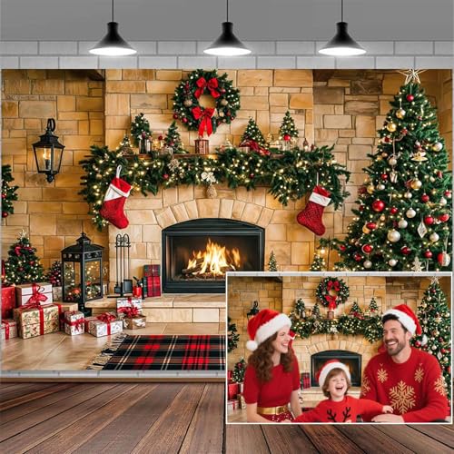 6x4ft Christmas Fireplace Backdrop Winter Merry Christmas Vintage Xmas Tree Sock Family Kids Portrait Picture Party Decorations Photo Backdrops Farmhouse Brick Wall Red Plaid Photography Background - color: Multi6, size: 6X4ft