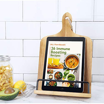 Soligt Cookbook Stand for Kitchen Counter Adjustable iPad Tablet Recipe Book Holder Rustic Wood Cutting Board Style - Brown - color: Brown