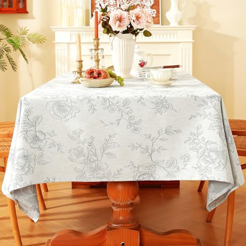 Chassic Premium Vintage Farmhouse Damask Floral 52 x 70 inch Rectangle Table Cloth – Water Resistant Linen Textured Jacquard Tablecloth for Kitchen Dining & Picnic Decor - Grey - color: Gray Flower, size: 70" x 52" (Rectangular)