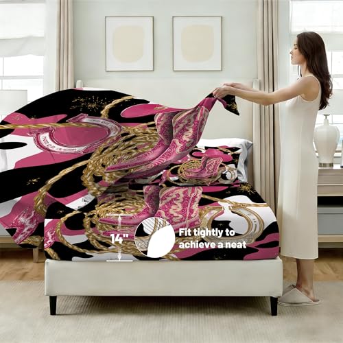 Pink Cowgirl Fitted Sheet Set Queen Size Glitter Cowboy Boots Horseshoe Print Sheet Set Kids Women Western Bed Sheets Cowhide Pattern 1 Fitted Sheet+1 Flat Sheet+2 Pillowcases - color: Cowgirl 01, size: Queen