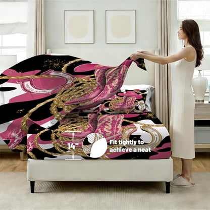 Pink Cowgirl Fitted Sheet Set Queen Size Glitter Cowboy Boots Horseshoe Print Sheet Set Kids Women Western Bed Sheets Cowhide Pattern 1 Fitted Sheet+1 Flat Sheet+2 Pillowcases - color: Cowgirl 01, size: Queen
