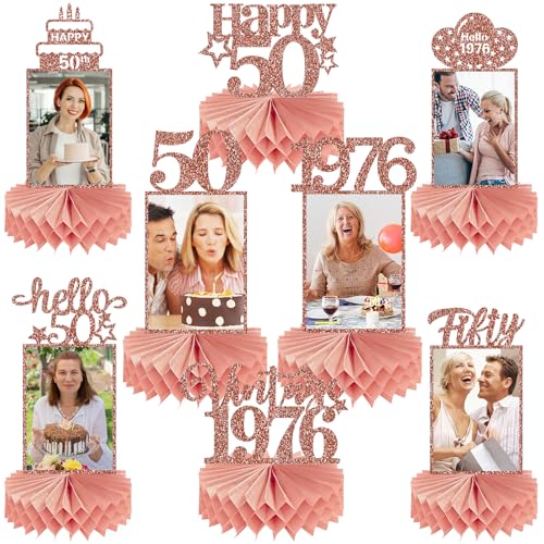Guiruiy 8Pcs 50th Birthday Decorations Honeycomb Centerpieces for Women, Pink Rose Gold Glitter Vintage 1976 50 Birthday Photo Table Centerpieces Party Supplies, Pink Fifty Bday Photo Table Topper - style: Rose Gold 50th