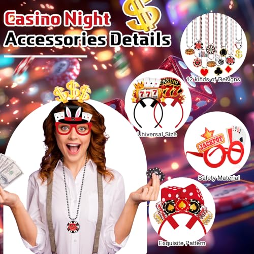 36 Pcs Casino Night Party Favors Casino Theme Felt Headband Eyeglasses Beaded Necklaces Dice Dollar Sign Poker Party Decorations Accessories for Las Vegas Game Night Decor Photo Prop Supplies - style: Casino