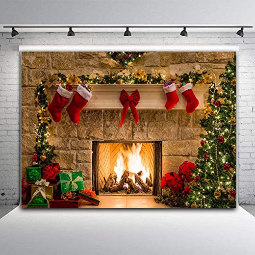 8x6ft Fireplace Holiday Photography Backdrop Photo Booths Studio Props Vinyl Christmas Stocking Tree Photo Background Winter Xmas Birthday Party Decorations Baby Shower Supplies - size: 8x6ft