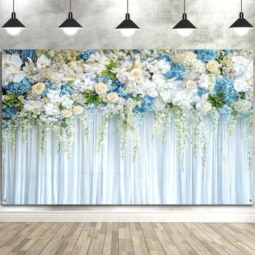 7x5ft White Rose Floral Backdrop White Blue Gold Rose Flowers Backdrop Girls Woman Birthday Party Tea Party Baby Shower Anniversary Photography Background Decor Bridal Wedding Photo Shoot Props - color: White Blue Gold, size: 7X5FT