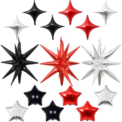 Star Balloons, 22in Red Black and Silver Star Balloons Foil 10in 4-Pointed & Pentagram Balloon for Graduation New Year Wedding Birthday Party Decorations - color: Black Red Silver