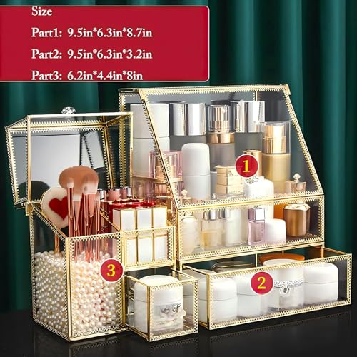 Large Glass Makeup Organizer Drawer Set Beauty Storage Bathroom Counter Organizer Cosmetic Display with Pearl (16in)