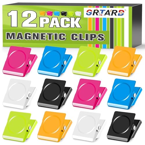Grtard 12Pack Magnetic Clips Heavy Duty, Colorful Magnet Clips for Fridge, Refrigerator Magnets, Strong Magnetic Clip,Scratch Free Magnets with Clip for Refrigerator, Whiteboard, Cruise, Locker - color: Colors, size: 12 pack