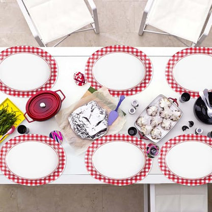 50Pcs Gingham Oval Paper Plates 10" x 12" Large Disposable Heavy Duty Red and White Buffalo Checked Plaid Dessert Platter Sturdy Plate for Summer Pizza BBQ Picnic Crawfish Boil Birthday Party Supplies - style: Red and White Oval Plates