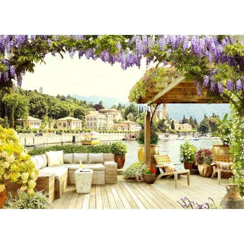 Italy Backdrop Europe Ancient Old City Italy Photography Background Tuscany Garden Blossoming Flowers Backdrop Italy Cityscape Mountain Village Scenery for Travel Vacation Birthday Props 5x3ft - color: Green_Purple, size: 5x3ft